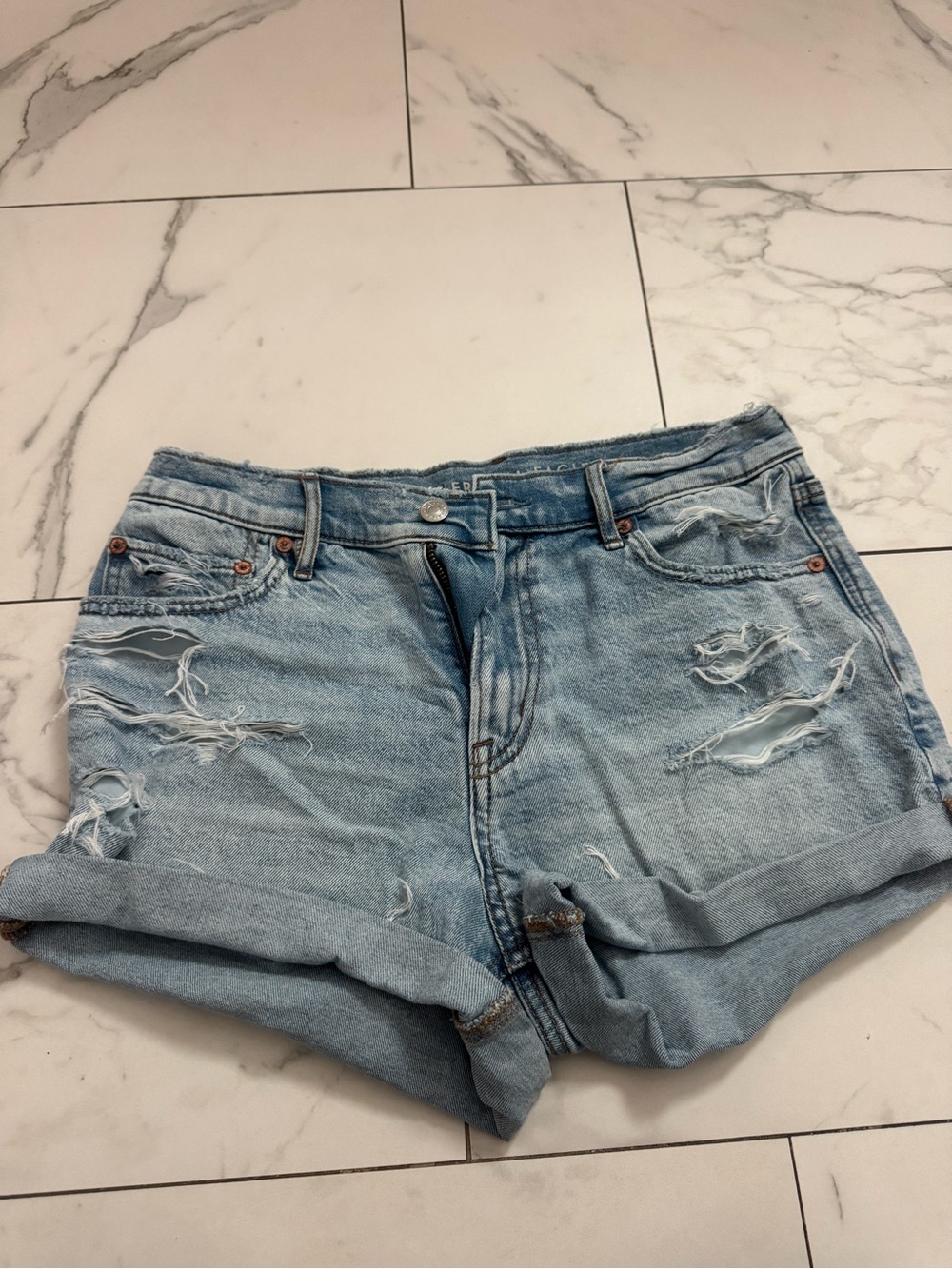 American Eagle Outfitters Light Blue Distressed Rolled-Hem Denim Shorts